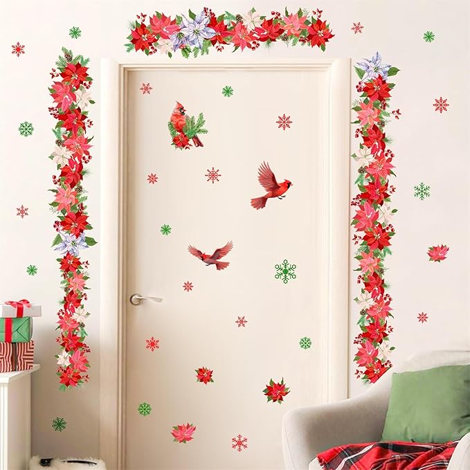Christmas Wall Sticker Christmas Wall Decals Peel and Stick Double Sided Xmas Window Decal Indoor Art Murals Hanging Floral Cardinal Snowflakes Sticker for Door Holiday Home New Year Party Supplies