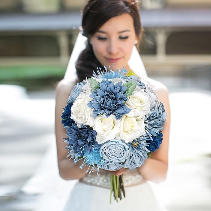 Artificial Flowers Combo Blue Flowers - Mix Silk Flowers Dahlia Roses with Stems ffor DIY Wedding Bouquets Bridal Shower Centerpieces Floral Arrangements Party Tables Home Decorations.