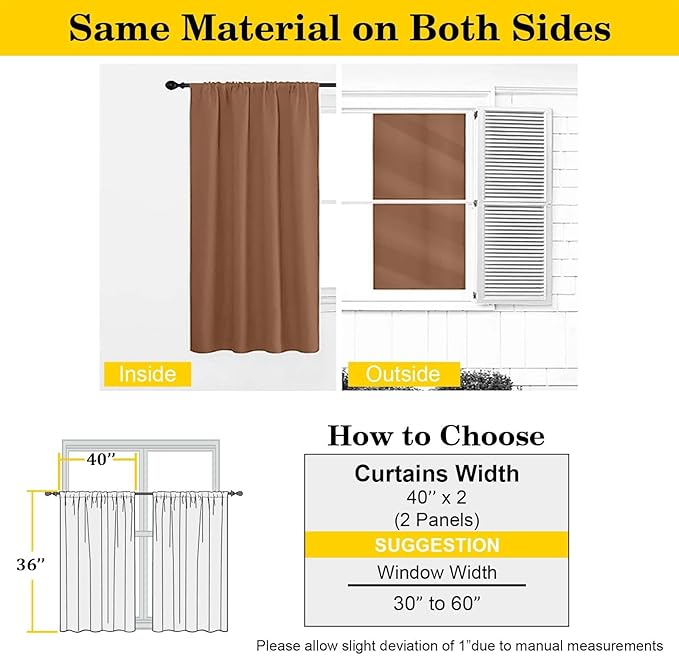 Sun Baked Cafe Blackout Curtains 36 Inch Length 2 Panels Set, Soft Solid Thermal Insulated Room Darkening Small Window Curtains for Kitchen Bathroom Basement, Sun Baked, Each, 40" Wx36 L