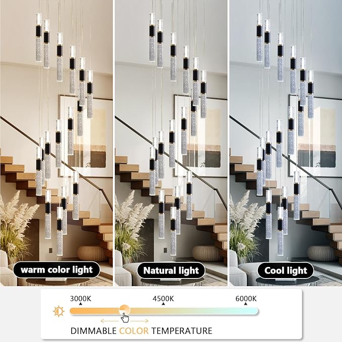 16-Light Led, Black Gold Staircase Chandelier, Modern Led for High Ceilings, Foyer Chandelier Light Fixture for Entrance with Remote 3000-6000K