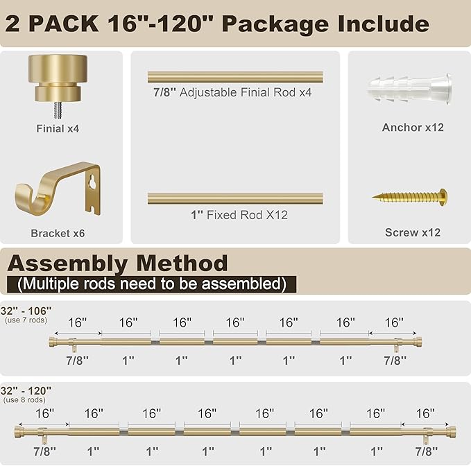 PORTRES Modern Gold Curtain Rods set of 2 for Windows 66 to 120 Inches Adjustable Length 1" Diameter Heavy Duty Curtain Rod with Farmhouse Decorative Finials for Outdoor Bedroom Kitchen Living Room