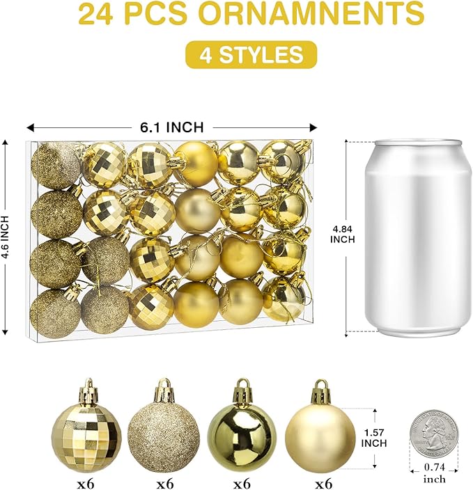 Aitsite 24ct Christmas Tree Ornaments Set 1.57 inches Mini Shatterproof Holiday Ornaments Balls for Christmas Decorations (Gold)