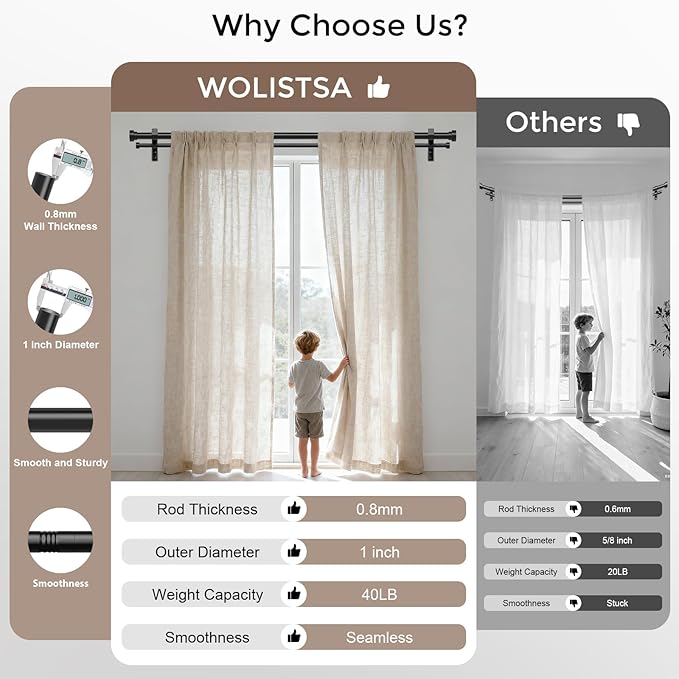 Double Curtain Rod, 1 Inch Black Extra Long Dual Curtain Rods 72 to 144 Inch with Aluminium Modern End Cap Finial, Adjustable Heavy Duty Window Treatment Rods, Telescopic Metal Double Drapery Pole Set