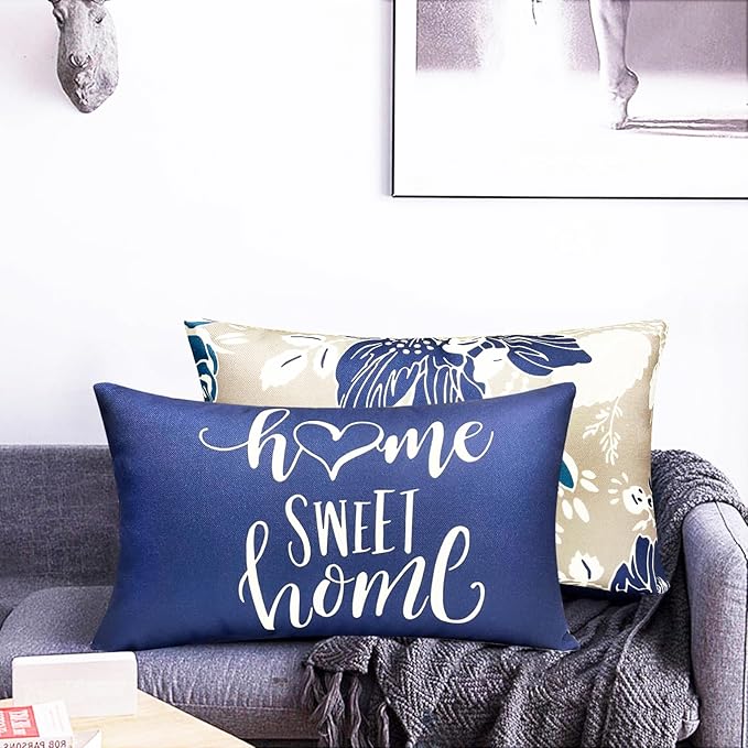 Decorative Throw Pillow Covers Set of 4 Blue Pillow Covers 12x20 inch Throw Pillow Cases Linen Square Pillow Case,Farmhouse Outdoor Modern Boho Pillow Covers for Couch Sofa Living Room