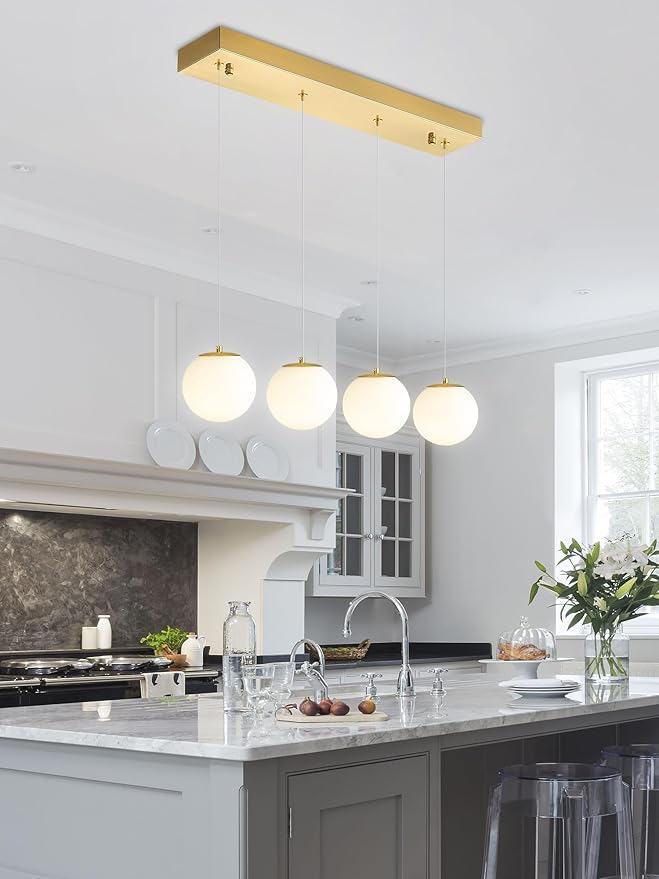 4-Light White Globe Glass Pendant Light Modern Gold Chandelier White Glass Globe Chandelier for Dining Room Kitchen Island Foyer Hallway