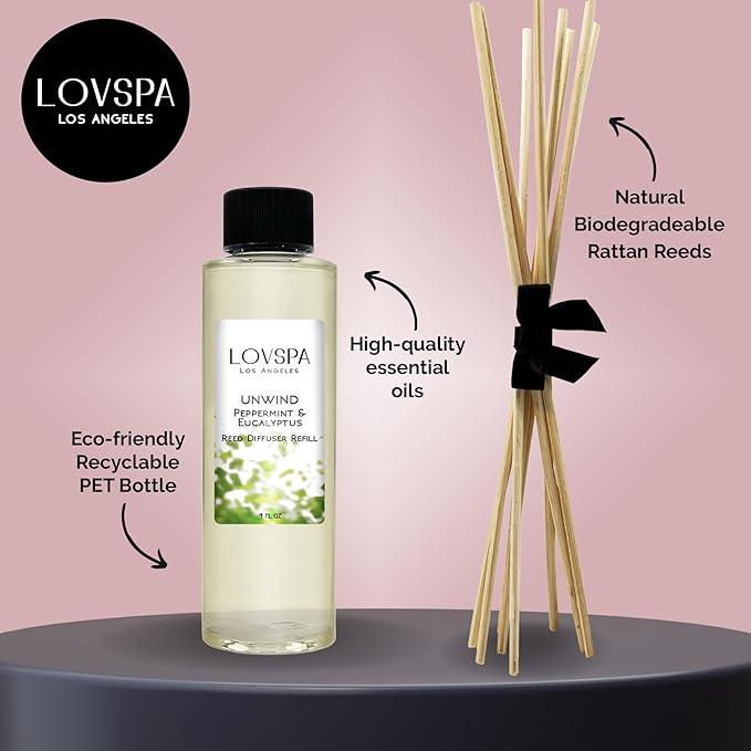 LOVSPA Unwind Eucalyptus & Mint Diffuser Oil - Luxury Essential Oils for Diffuser Refill & Air Freshener Room Spray - Long-Lasting & Natural Home Fragrance, Scented Oil for Diffusers, USA Made, 4oz