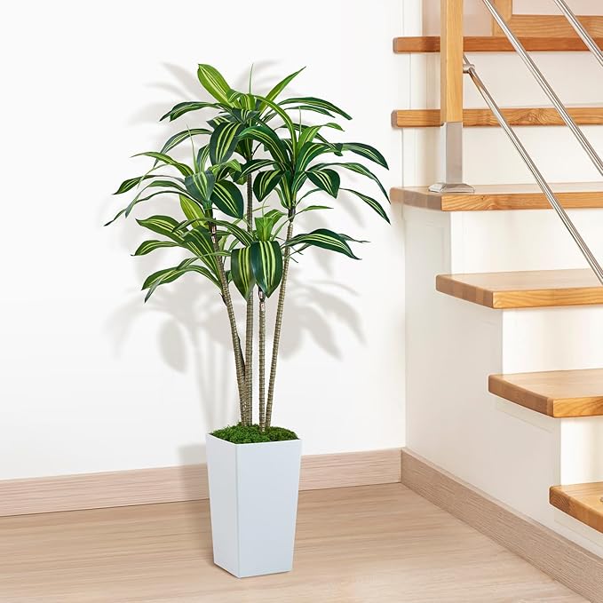 Dracaena Artificial Plants Indoor, 5FT Tall Faux Tree with White Tall Planter, Fake Yucca Tree Floor Plant, Artificial Trees for Home Office Living Room Garden Decor Outdoor, Housewarming Gift