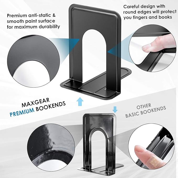 MaxGear Book Ends Universal Premium Bookends for Shelves, Non-Skid Bookend, Heavy Duty Metal Book Stopper for Books/Movies/CDs/Video Games, 6 x 4.6 x 6 in, Black,8 Pairs/16 Pieces, Large