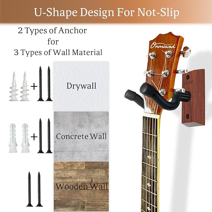 Guitar Wall Mount 2 Pack, Carbonized Red Hardwood Guitar Hanger, U-Shaped Guitar Wall Hanger Mount, Guitar Holder Wall Hook for Acoustic, Electric Guitar, Banjo, Bass, Gift for Men Boy