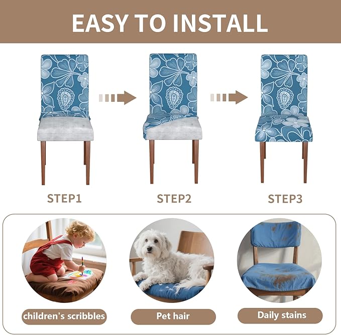 Stretch Dining Chair Covers Set of 6,Floral Print Chair Covers,Soft Removable Washable,Pet Friendly Furniture Protector,Universal Chair Slipcovers for Home, Kitchen,Ceremony Dining Room Seat