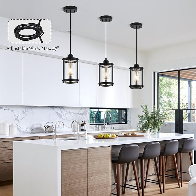 Black Pendant Lights Kitchen Island 3 Pack, Modern Kitchen Pendant Lighting Over Island with Clear Glass, Farmhouse Mini Hanging Light for Sink Dining Room, OS-3014-3PBKC