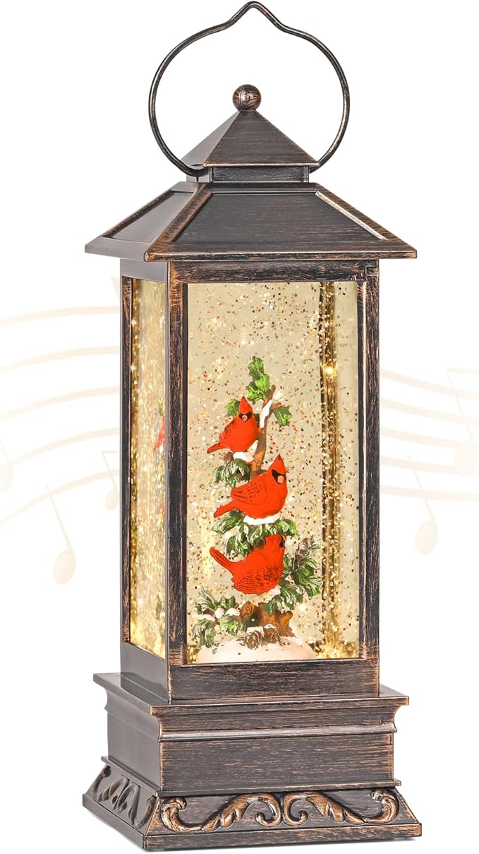 Cardinal Snow Globe, 12 Inch Musical Snow Globe Lantern, Lighted Christmas Snow Globes with Swirling Glitter, USB and Battery Operated Lantern for Home Decor, Christmas Decoration