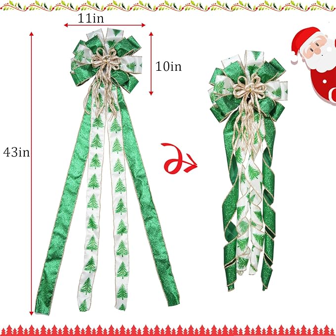Christmas Tree Topper Bow, 43" Christmas Wreath Bows Green and White Ribbon Ornaments with Tassels Snowflakes and Glitter, Home Decor for Holiday Xmas Decoration Home Parties Wedding Gift