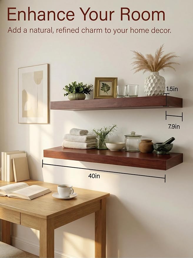 Solid Wood Floating Shelves,40in Finished Real Wood Wall Shelves with Heavy-Duty Hidden Bracket, Easy Installation, Set of 2, 40in x 7.9in x 1.5in, for Living Room Bedroom Kitchen,Walnut
