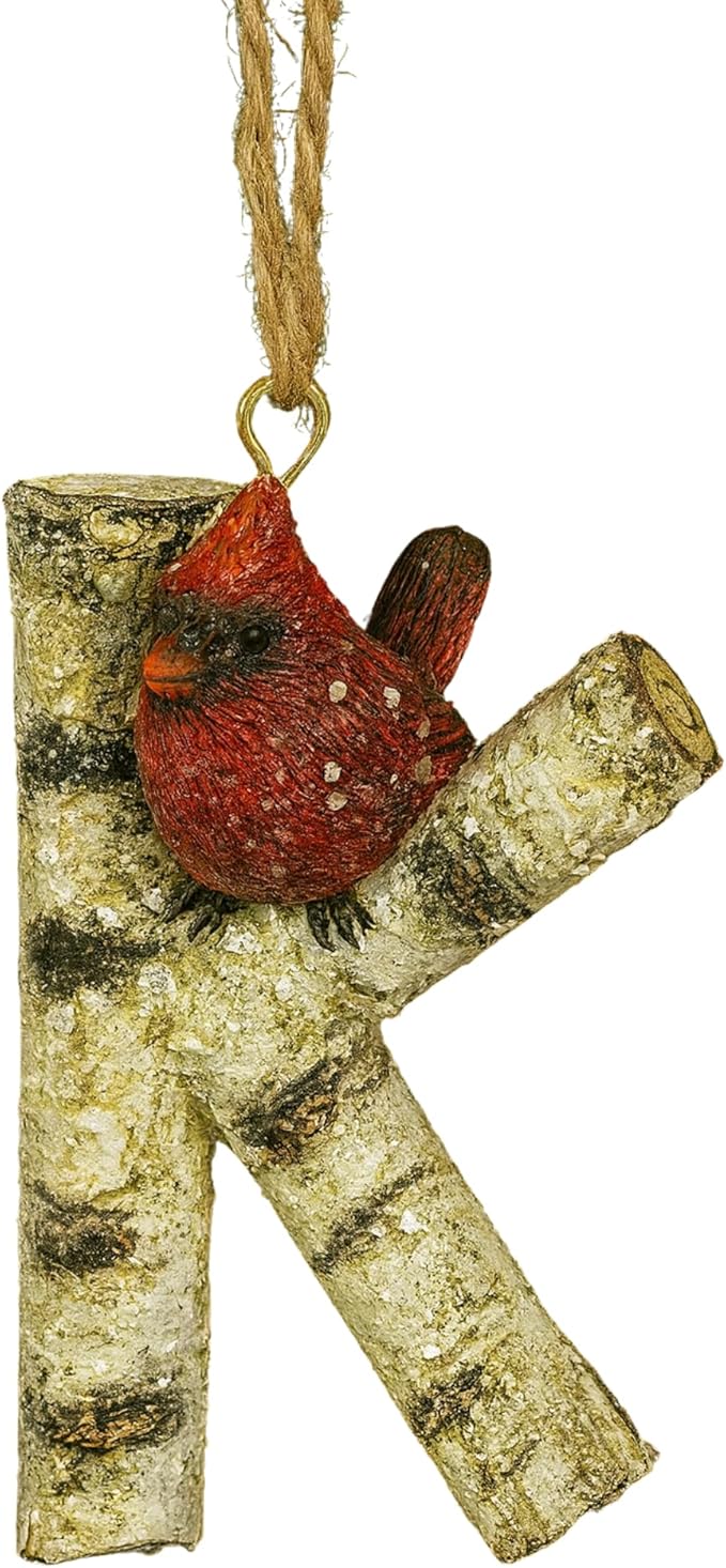 Rustic Cardinal Initial Letter Christmas Ornament – Birch Wood Look Hanging Alphabet Monogram Decoration for Holiday Tree & Winter Home Décor (K)