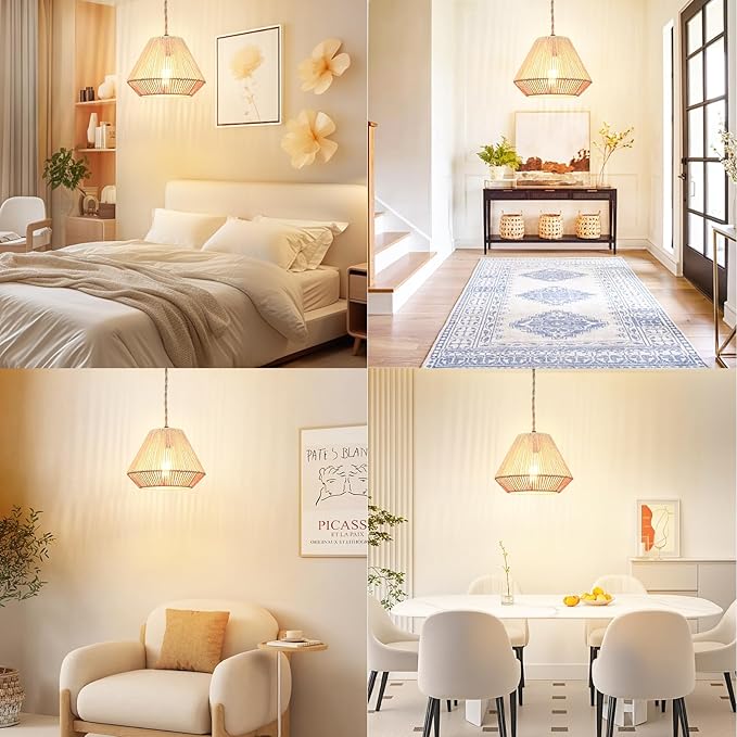 Plug in Pendant Light Rattan Hanging Lamp, Rattan Pendant Light with on/Off Switch,Rattan Woven LampShade Hanging Lamp Plug in for Living Room,Bedroom,Farmhouse
