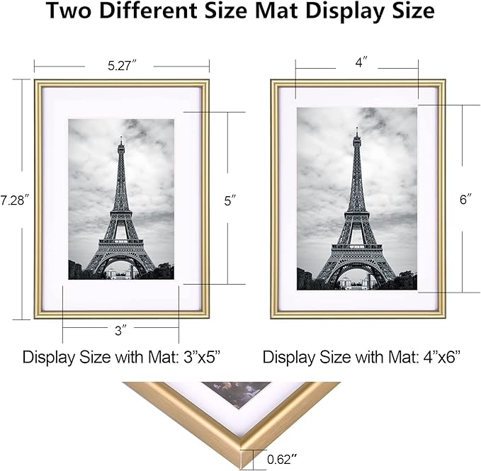 5x7 Picture Frame Set of 4, Matted Brass Simple Modern Brushed Thin Aluminum Metal Photo Frame Fits 3x5 and 4x6 with Mat or 5 x 7 without Mat . Vertical and Horizontal for Tabletop and Wall