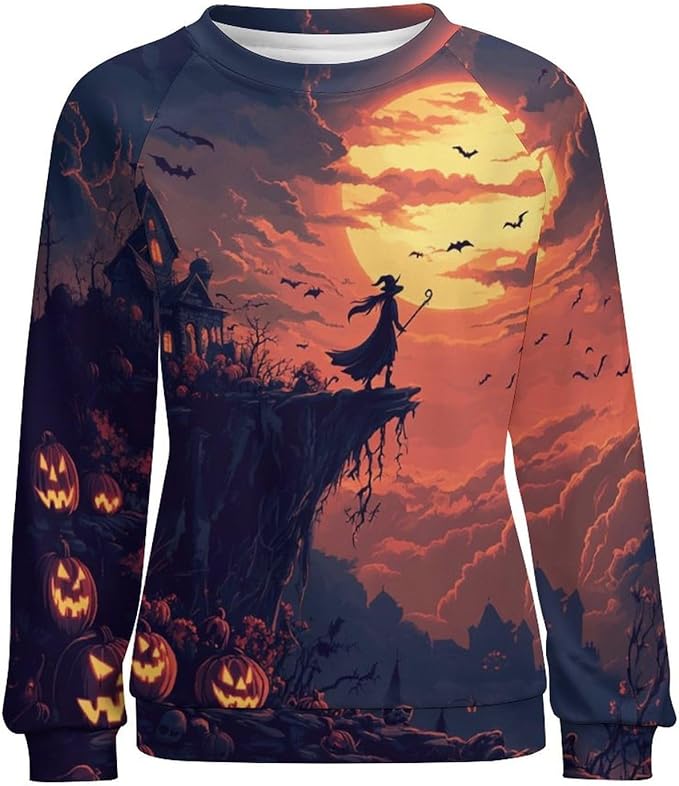 Halloween Sweatshirts for Women Funny and Spooky Print Crewneck Oversized Pullover Outdoor Lounge Fashion Sweater