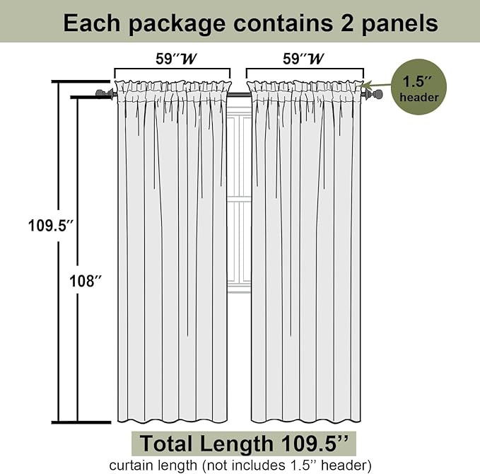Lecloud Black Sheer Curtains 108 Inches Long 2 Panels Set, Extra Wide Airy Voile Sheer Curtains for Living Room, Light Filtering Window Curtain Drapes with Dual Rod Pocket, 59" W x 108" L