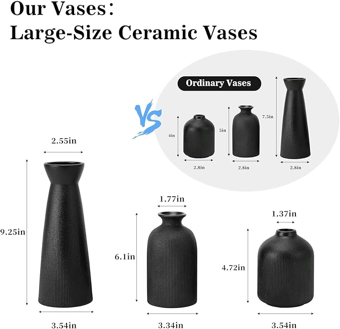 Christmas Black Ceramic Flower Vases Set of 3, Large Xmas Gift Vases with Vertical Stripe Texture, Modern Decorative Vases for Dried Flowers, Home Decor for Living Room Bedroom Kitchen Shelf