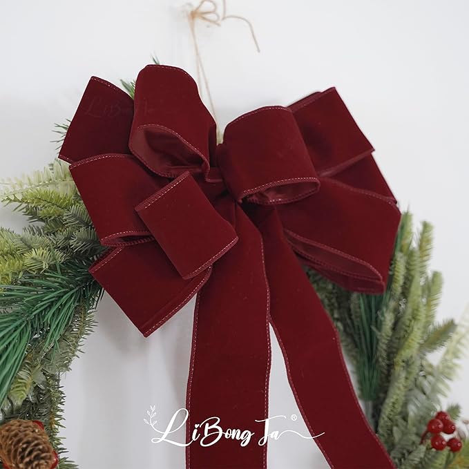 13" Dark Red Bow Pre-Tied Bow for Christmas Tree, Burgundy Velvet Ribbon Bows for Wreaths, Premade Tree Toppers Bows for Gift Wrapping, Party Favor, Christmas Home Indoor Outdoor Decor-1 PCs