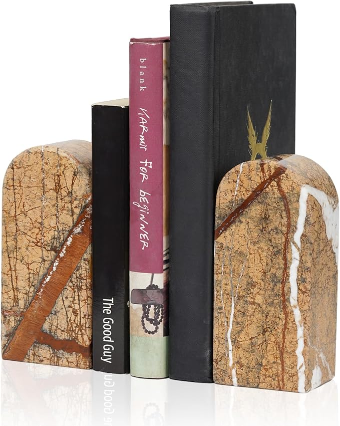 Koville Indian Natural Marble Bookends for Shelves, Decorative Book Ends, 7lbs Heavy-Duty Marble Book Holders, Bookshelf Apartment Decor for Normal Books/CD/Video Games(Rainforest Gold)