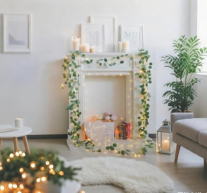 Artificial Eucalyptus Leaves Foliage String Lights 6.6Ft 20 LED Fairy Leaf Lights Warm White Greenery Vines Garland and Table Runner, Battery Operated Wedding Backdrop Wall Decor