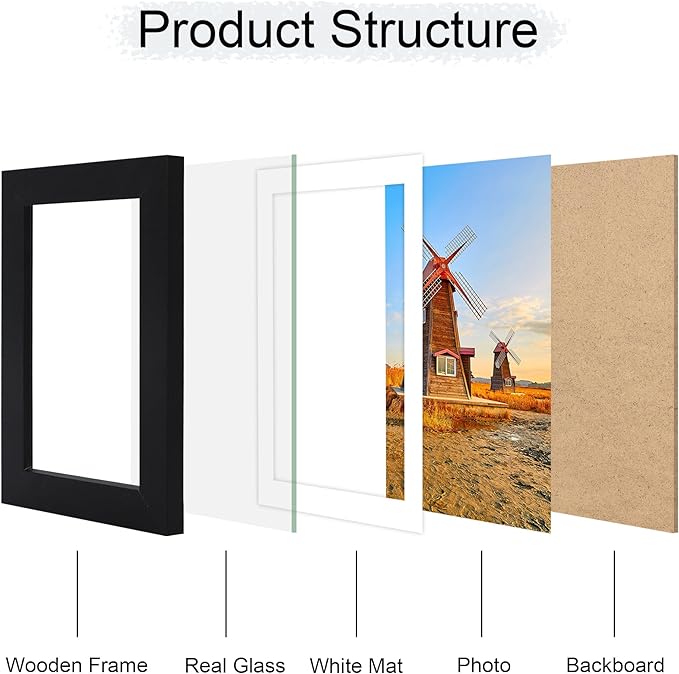 4x6 Picture Frame Set of 2, 4 x 6 Wood Photo Frames with Mat for 3.5x5, Wooden Frame with Real Glass Cover for Wall and Tabletop Display,Black