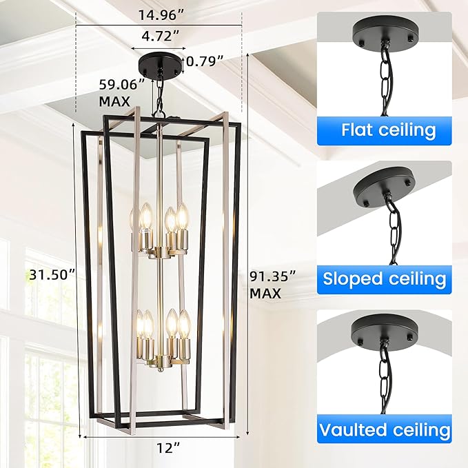 WJShome 8-Light Modern Chandelier, Farmhouse Foyer Lighting Fixtures, Chandeliers for High Ceilings, Black and Silver Lantern Pendant Light Fixtures, for Staircase, Entryway Hallway