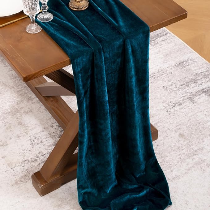 Socomi 4pcs Peacock Velvet Valentine's Day Table Runner Cloth Decor 20 x 120 Inches 10ft Fabric Luxurious Thanksgiving Wedding Runner for New Year Bridal Shower