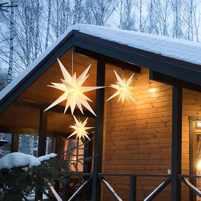 21 Inches White Large Moravian Stars Lights Warm White Hanging Outdoor Christmas Light LED Hanging Star Lights 3D Christmas Tree Topper Star for Holiday Wedding Porch Decor