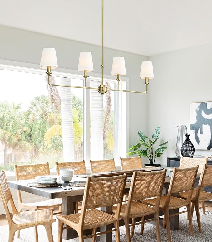 4-Light Brushed Gold Chandelier, Height Adjustable Island Dining Room Light with White Fabric Shades, E12 Base, Farmhouse & Industrial Style for Kitchen Living Room