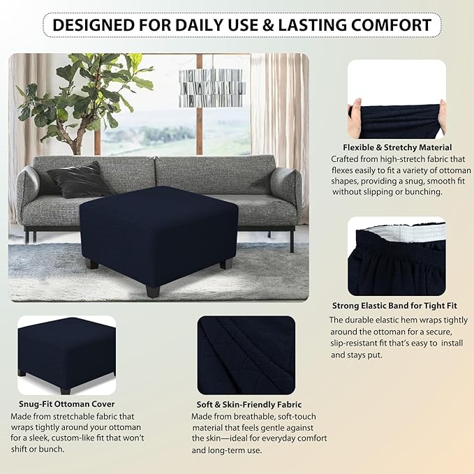 Square Ottoman Cover,Soft Stretch Jacquard Slipcover with Dual Waterproof Layers,Washable Furniture Protector for Pets,X-Large,Navy Blue