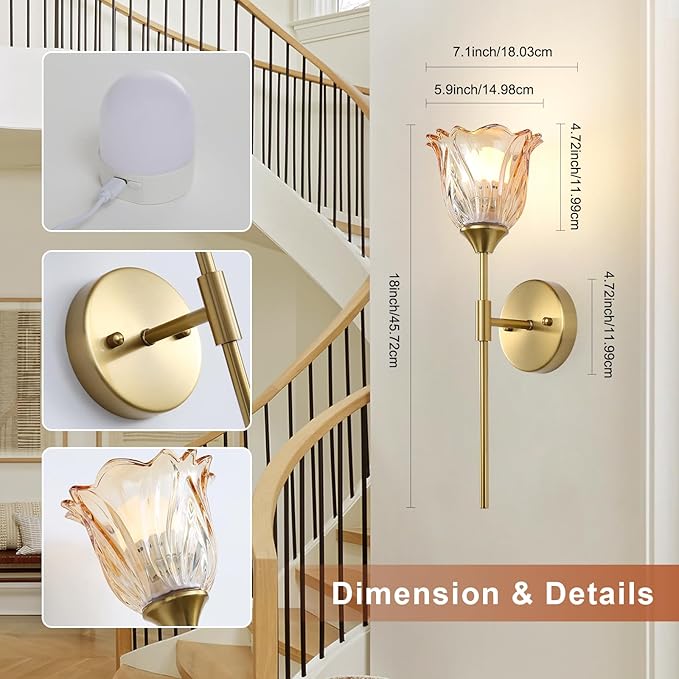 2 Pack Battery Operated Wall Sconce with Amber Glass Lampshade, Mid Century Bathroom Vanity, Wireless Rechargeable RGB Wall Light with Remote Control, for Bedroom Mirror Living Room