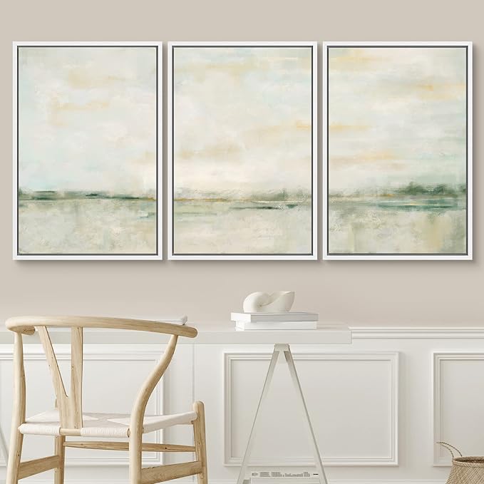 SIGNWIN Framed Canvas Print Wall Art Set Grunge Tan Green Pastel Landscape Shapes Abstract Illustrations Modern Art Decorative Nordic Calm/Zen for Living Room, Bedroom, Office - 16"x24"x3 White