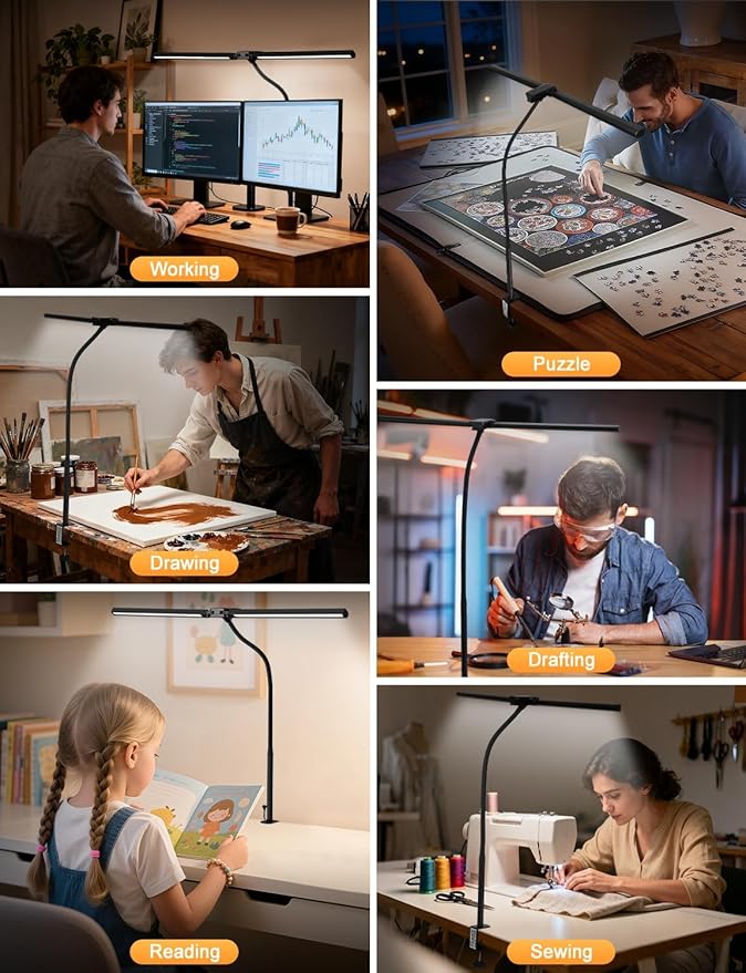 Computer Desk Lamp with Clamp for Home Office, Eye-Caring Architect Lamp, Dimmable Table Clip Lamp for Dual Screen Computer Monitor, Adjustable Color Lighting Mode LED Monitor Light