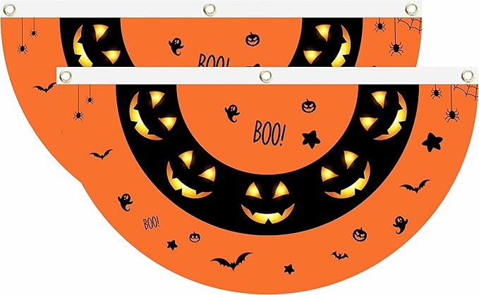 2Pcs Halloween Bunting Flag Happy Halloween Fan Pumpkin Ghost Flag Yard Hanging Hanging Yard Harvest Autumn Outdoor Decoration 1.5x3 Ft