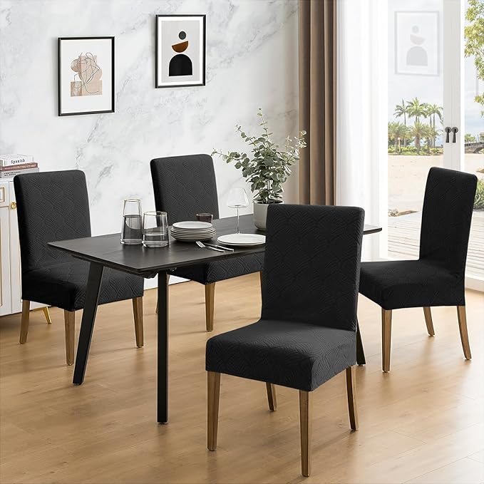 MOSAYT 100% Waterproof Dining Room Chair Covers Set of 6, Super Fit Stretch Jacquard Parson Chairs Slipcovers Removable Washable Chair Seat Protectors for Home, Kitchen, Banquet (Black)