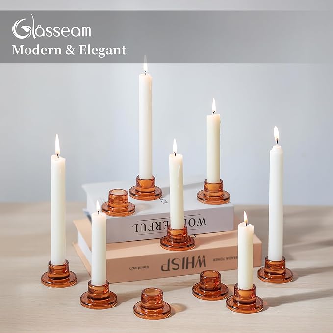 Glasseam Glass Tapered Candlestick Holders: 20Pcs Small Taper Candle Holders Bulk Amber Candle Stick Holder Decor Short for Table Centerpiece Thanksgiving Fall Dining Party Decor Christmas