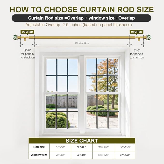 Ceramic Gold Curtain Rods for Windows 66 to 120 Inches Adjustable Length Heavy Duty 1" Diameter Window Curtain Rod with Modern Green Leaf Pattern Decorative Finials for Bedroom Living Room Kitchen