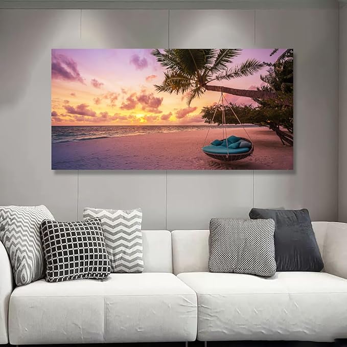 Purple Beach Palm Pictures Canvas Wall Art For Living Room Bedroom Wall Decor,Sunset Wall Art Print Paitnings For Home Decor,Morden Artwork Coconut Tree Canvas Art Ready To Hang-24x48 Inches