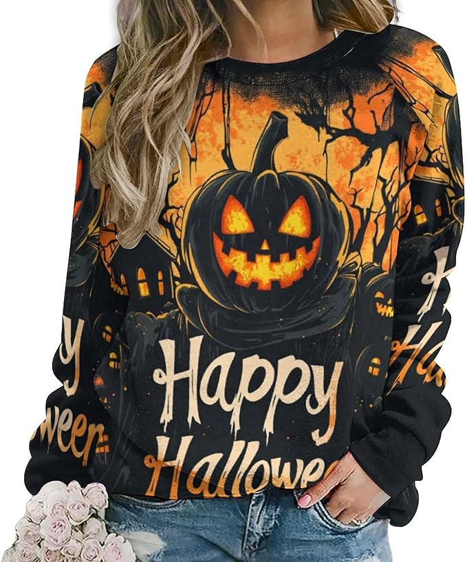 Halloween Sweatshirts for Women Funny and Spooky Print Crewneck Oversized Pullover Outdoor Lounge Fashion Sweater