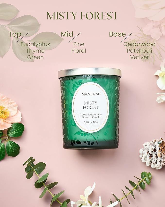 M&SENSE Misty Pine Forest Scented Candle, Wooden Wick Candle, 100 Hours Slow Burning No Toxin Natural Soy Wax 18oz, Relax Aromatherapy Fall Winter Home Fragrance, Housewarming Gifts for Men Women