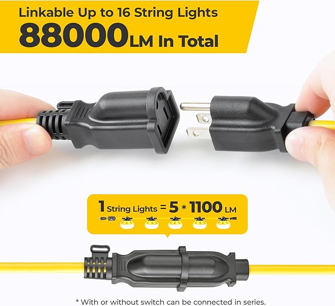 50ft LED String Lights: 3 Prong 50w 5500lm ETL Certified Bright Industrial Outdoor Temporary Lighting Hanging IP65 Waterproof 18AWG Wire Construction Work Light for Attic Jobsite Garage
