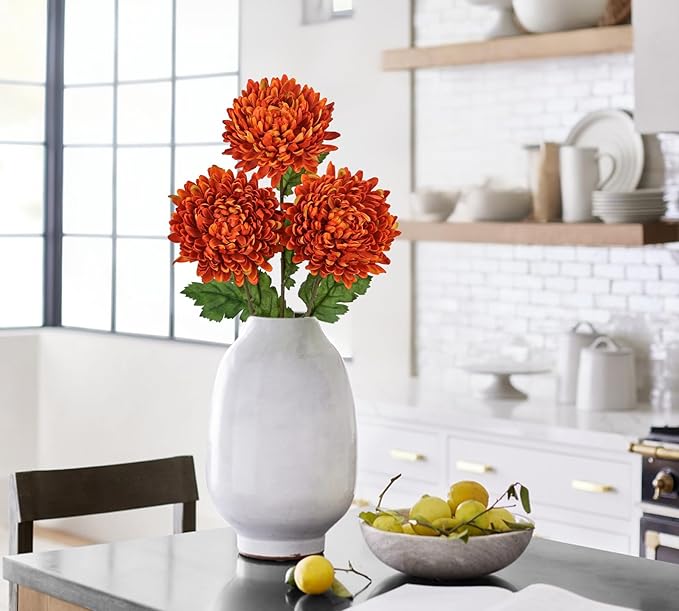 Hollyone 3Pcs Orange Artificial Mums for Outdoors Fall Flowers Fake Fall Mums Chrysanthemum Flowers Silk Long Stem Floral Arrangements Bouquets Faux Spider Mum Flower Autumn Decorations for Home
