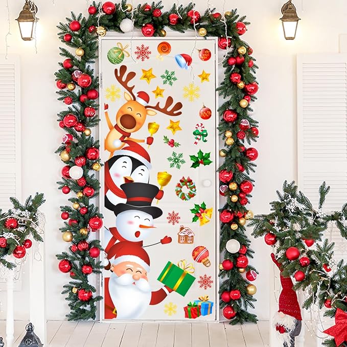 44.9x15.7 Inch Large Christmas Door Stickers Decor Removable Santa Snowman Snowflake Door Decal for Living Room Kids Bedroom Decorations Winter Xmas Holiday Party Festival Gift