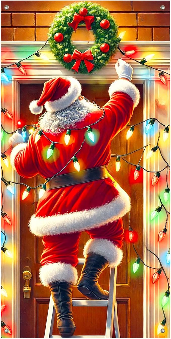 Christmas Decorations Door Cover 71x35 Inch Santa Claus Ladder Lights Door Banner Party Banner Front Door Porch Decor Photography Backdrop Home Kitchen Winter Entryway Decor