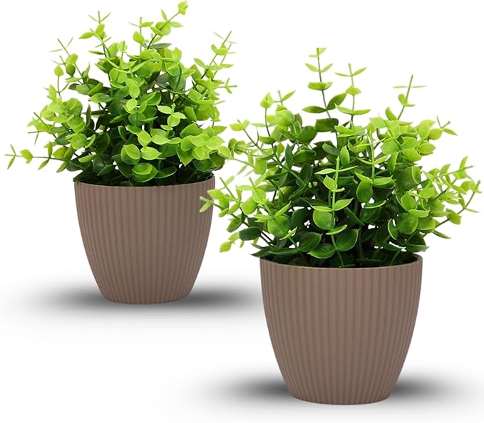 VENTO 2 Pack Eucalyptus Fake Medium Plants, Realistic Artificial Greenery for Home, Office, Bathroom, Coffee Table Decor, UV Resistant, Lifelike Leaves, Low Maintenance, 10x20x10 cm Brown Pot