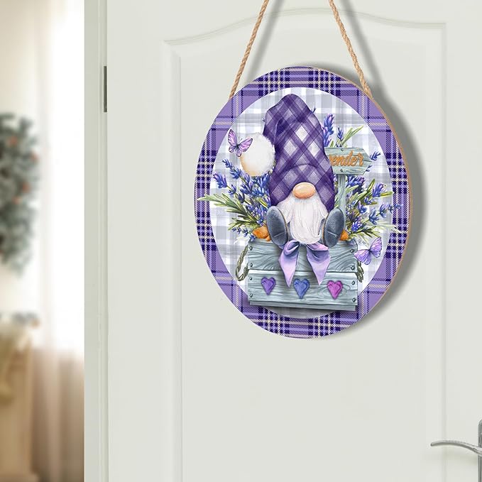 Spring Gnome Lavender Flower Sign for Front Door 12"x12" Summer Purple Floral Buffalo Plaid Wood Door Hanger for Outdoor Outside Porch Spring Summer Farmhouse Wooden Wreath for Wall Porch Yard