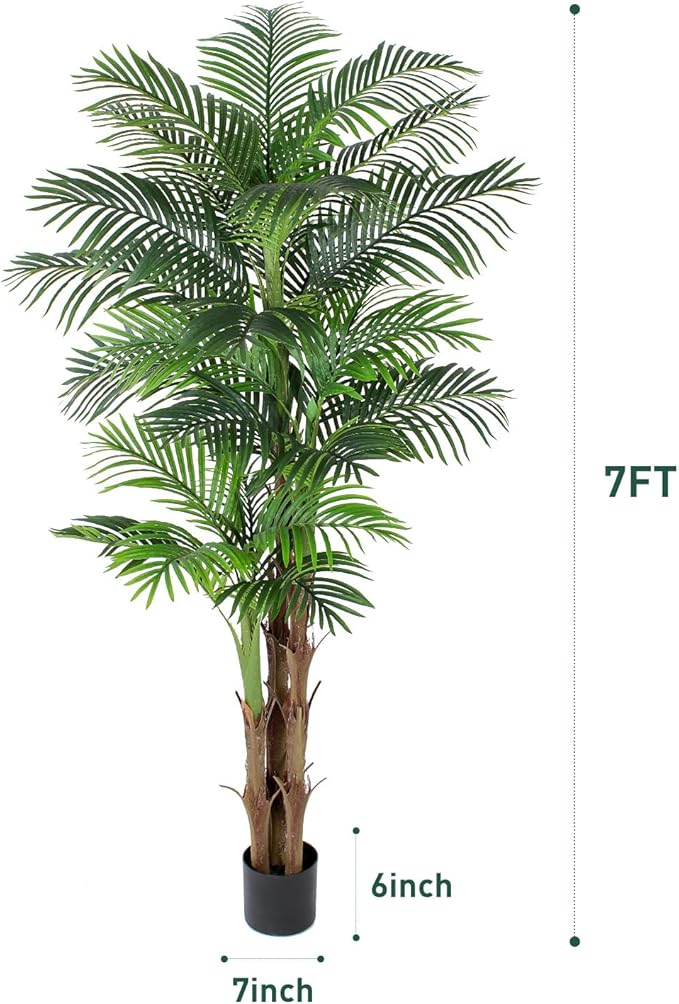 7ft Tall Triple Golden Cane Palm Artificial Tree, Large Topical Fake Tree with 24 Realistic Leaves Artificial Plants in Pot for Indoor Outdoor Home Office Living Room